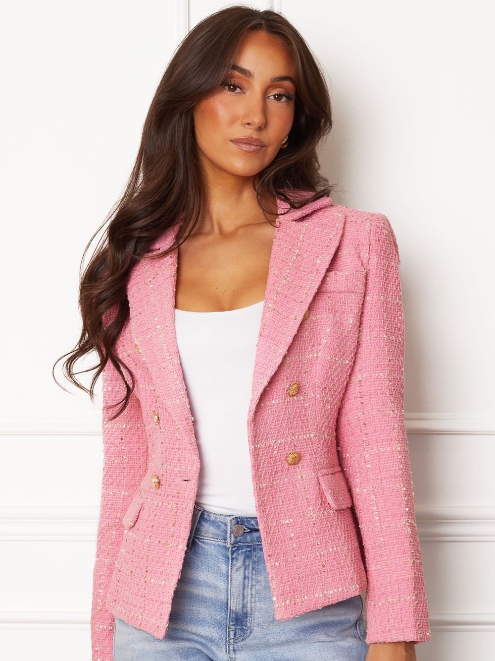 Charli Tailored Pink Tweed Double-Breasted Blazer Jacket new w Tags size Medium